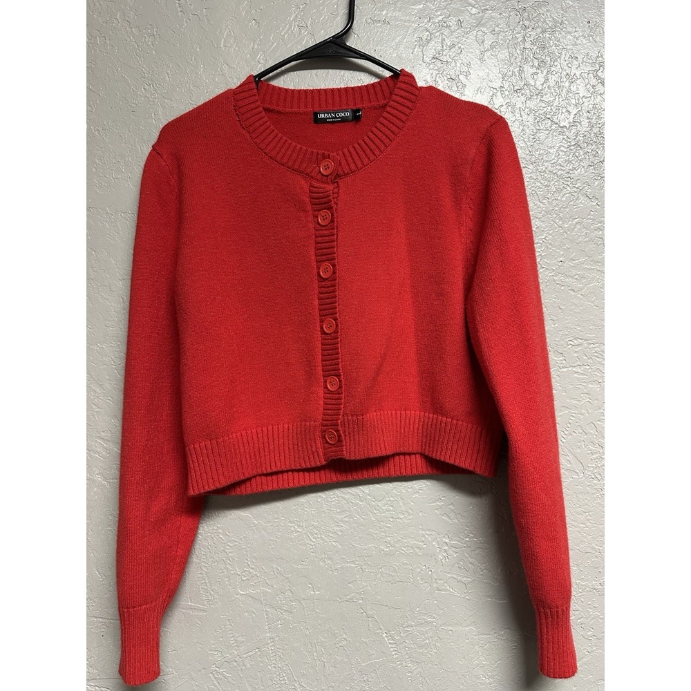 URBAN COCO Red Knit Cardigan Sweater L Polyester Button Up